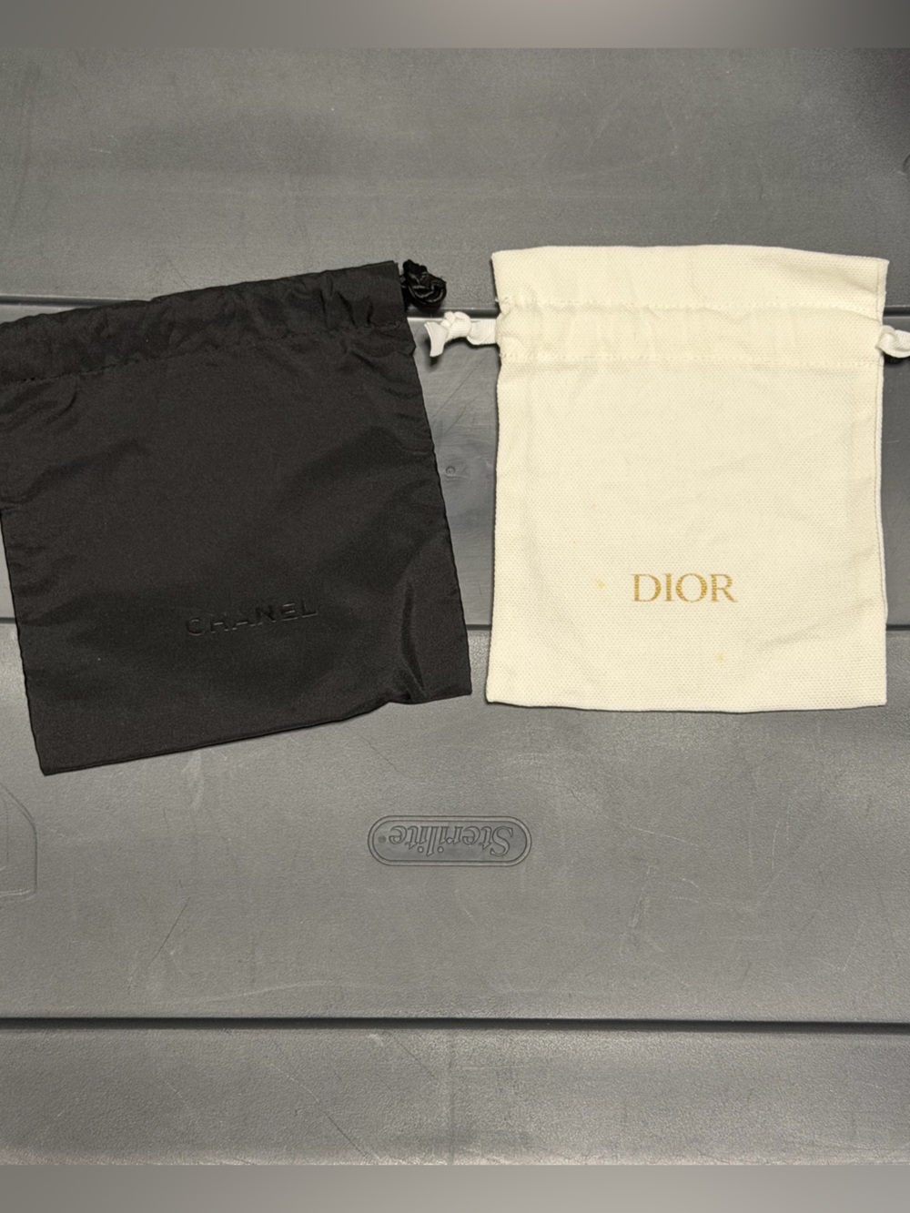 Dior Chanel Dust Bag Logo Pouch Set 2 Small Drawstring Storage Bags Cream Black